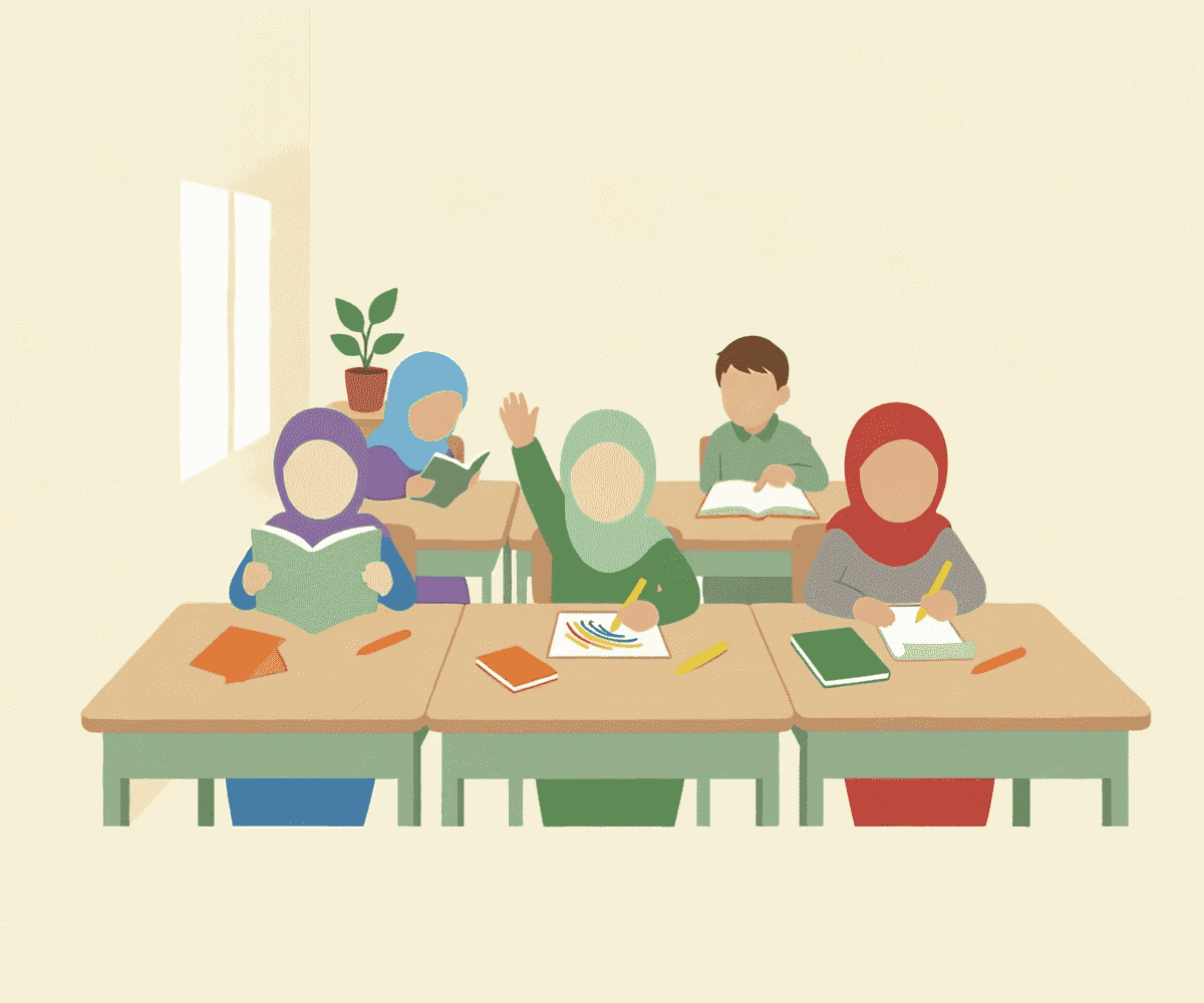 Students learning together with Children of Islam activity books