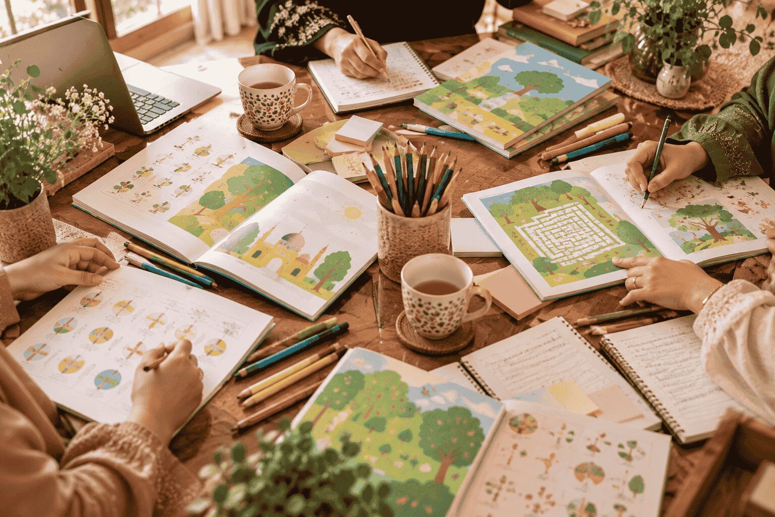 Children's hands colouring Islamic activity book pages