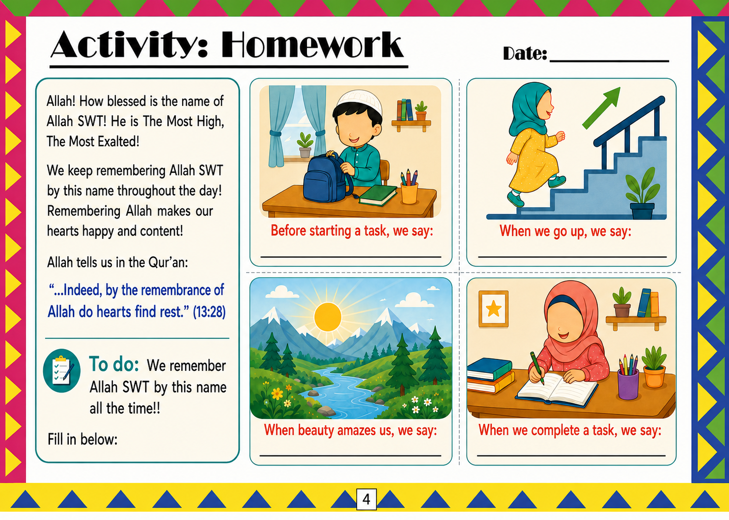A colourful activity page from a Children of Islam book